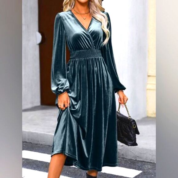 Blue Velvet Midi Dress Cottage Peasant Fairy Ethereal Whimsigoth Hippie Gypsy S - Picture 1 of 7